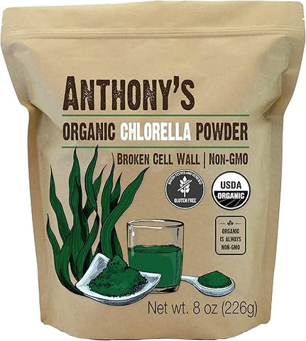 Anthony's - Chlorella Orgânica em Pó Anthony, 227g, Não Transgênico, Sem Glúten, Parede Celular Quebrada