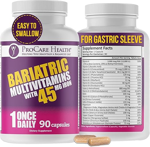 Multivitamínico Bariátrico com Ferro 45mg (90 Cápsulas Fáceis de Engolir) – Vitaminas Pós-Operatórias para Bypass Gástrico e Sleeve, Recuperação Sustentável - ProCare Health