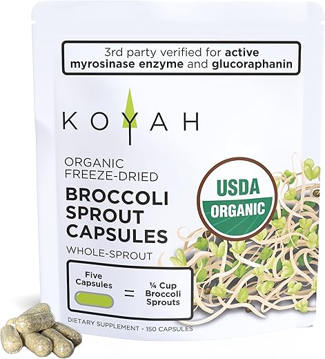 Cápsulas de Broto de Brócolis Orgânico dos EUA: 1 Porção = 1/4 xícara de brotos, Liofilizado, Testado por Terceiros: Mirozinase Ativa e Glucorafanina (Glucosinolato de Sulforafano), 150g - KOYAH