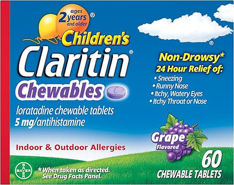 Chewables 24 HR – Medicamento Infantil para Alergia, Sabor Uva, 60 Comprimidos - Claritin