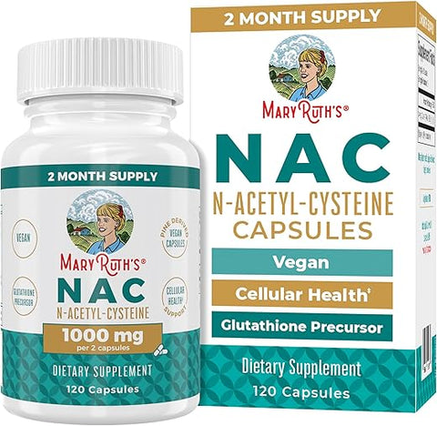 Cápsulas de Suplemento Nutricional, N-Acetil Cisteína, 2 Meses de Fornecimento, NAC 1000mg por Porção, Vegano, Não-OGM, Sem Glúten, 120 Unidades - MaryRuth Organics