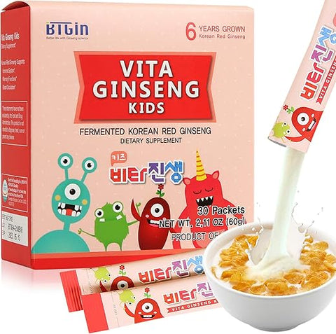 BTGIN - Vita Ginseng Kids – Vitamina D, 7 Frutas Vermelhas, Banana, 20 Vegetais, Leite em Pó para Suporte Imunológico, Estimula Foco e Memória, 30 Pacotes (1 Conjunto)