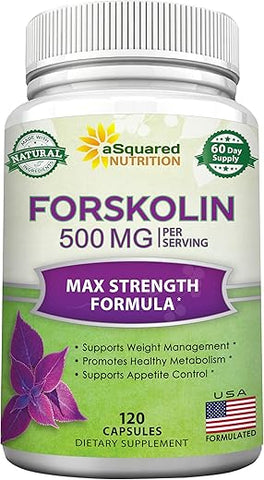 Forskolin 500mg Max Strength – 120 Cápsulas, Suplemento Natural para Perda de Peso Pura, Raiz de Coleus Forskohlii – Pílulas de Dieta Forskolin, Queimador de Gordura Pura para Barriga - aSquared Nutrition