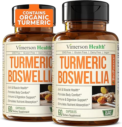 Vimerson Health - Suplemento de Cúrcuma Curcumina com Extrato de Boswellia Serrata, Cúrcuma Orgânica, Gengibre e Pimenta Preta. Suporte para Articulações – Alta Absorção de Curcuminoides de Cúrcuma 95%%. Embalagem com 2