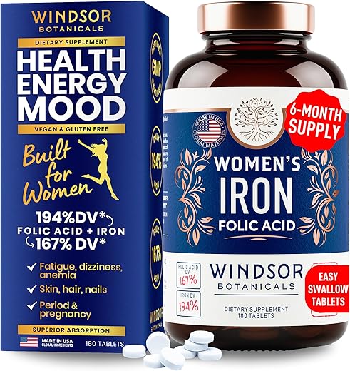 WINDSOR BOTANICALS - Suplemento de Ferro para Mulheres com Ácido Fólico – 35mg de Ferro Suave, 667mcg de Vitamina B9 – Suporte para Anemia, Menstruação e Gravidez – Pílulas de Sulfato Ferroso – 180