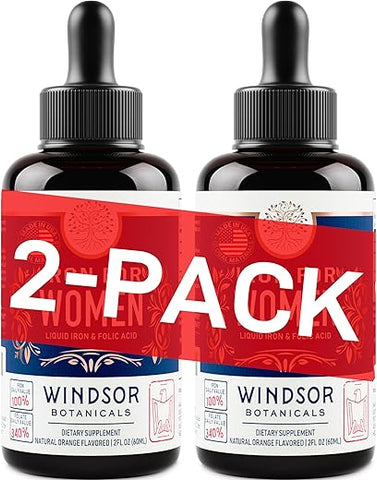 WINDSOR BOTANICALS - Suplemento Líquido de Ferro para Mulheres 2-Pack – Ácido Fólico, Vitamina C, Suplementos Líquidos Veganos de Ferro para Anemia, Menstruação, Suporte à Gravidez – Gotas Líquidas de Ferro Sabor Laranja – 2x60ml