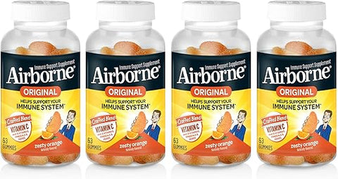 Gomas de Laranja Vitamina C 750mg (por Porção) – 63 Unidades, Suplemento Imunológico Livre de Glúten com Vitaminas C E, Selênio (Pack com 4) - Airborne