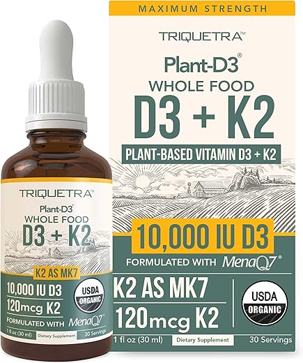 Triquetra Health - D3 K2 Orgânico – 10.000 UI D3 – MK7 All-Trans da MenaQ7 (120 mcg K2) – 100% Orgânico