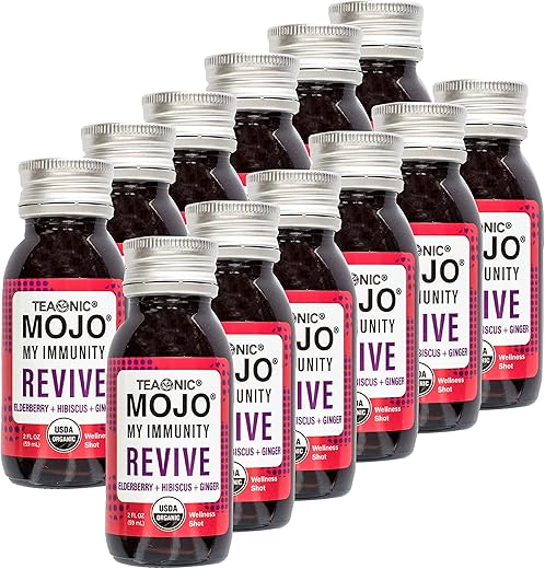 My Immunity Mojo: Revive, Suco Herbal com Sabugueiro, Hibisco e Gengibre, Orgânico Certificado pelo USDA, Vegano, Sem Glúten, 12 Pacotes, 60 ml Cada (12x60ml) - TEAONIC