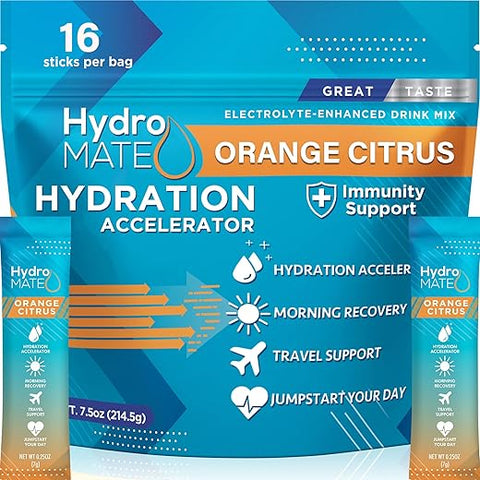 Hidratante em Pó HydroMATE com Eletrólitos e Baixo Açúcar, Acelerador de Hidratação com Vitamina C Sabor Laranja – 16 Unidades