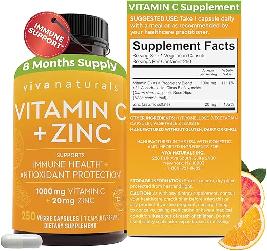 Suplemento de Vitamina C e Zinco (250 Cápsulas) – 1000 mg de Vitamina C com 20 mg de Zinco – Suplementos Antioxidantes para Suporte Imunológico – Zinco à Base de Plantas e Vitamina C - Viva Naturals