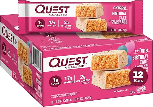 Barra de Proteína Quest Nutrition Crispy Birthday Cake – 17g Proteína, 1g Açúcar, 2g Carboidratos Líquidos, Snack Proteico Sem Glúten, Amigo da Dieta Keto, 12 Unidades