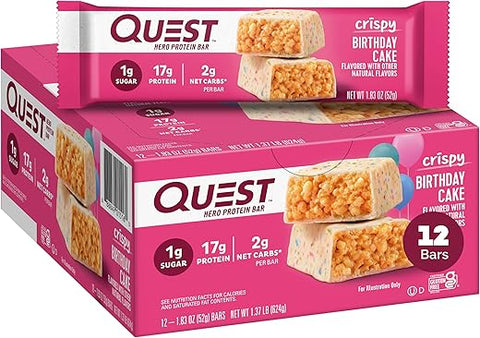 Barra de Proteína Quest Nutrition Crispy Birthday Cake – 17g Proteína, 1g Açúcar, 2g Carboidratos Líquidos, Snack Proteico Sem Glúten, Amigo da Dieta Keto, 12 Unidades