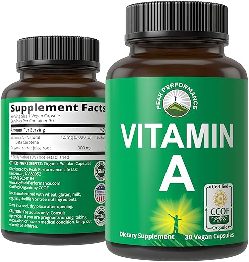 Vitamina A Orgânica Certificada 5000 UI Cápsulas de Suplemento de Alta Potência Feitas com Suco de Cenoura Orgânica. Ótimo para Suporte Imunológico, da Pele e dos Olhos. Não-OGM, 5000 UI - Peak Performance