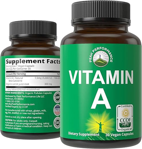 Vitamina A Orgânica Certificada 5000 UI Cápsulas de Suplemento de Alta Potência Feitas com Suco de Cenoura Orgânica. Ótimo para Suporte Imunológico, da Pele e dos Olhos. Não-OGM, 5000 UI - Peak Performance