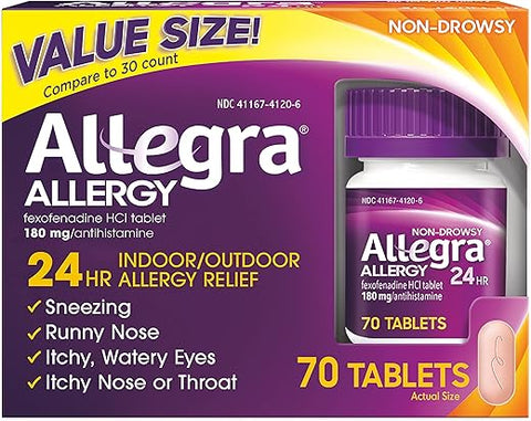 Adulto 24HR Antialérgico Não Sonolento, 70 Comprimidos, Alívio Rápido dos Sintomas de Alergia, 180 mg - Allegra