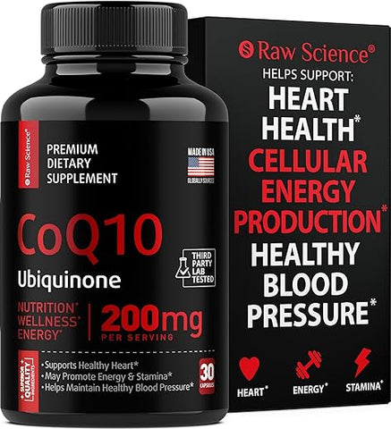 S RAW SCIENCE - CoQ10 200mg – Suplemento Antioxidante para Saúde Cardíaca – Marca Co Q 10