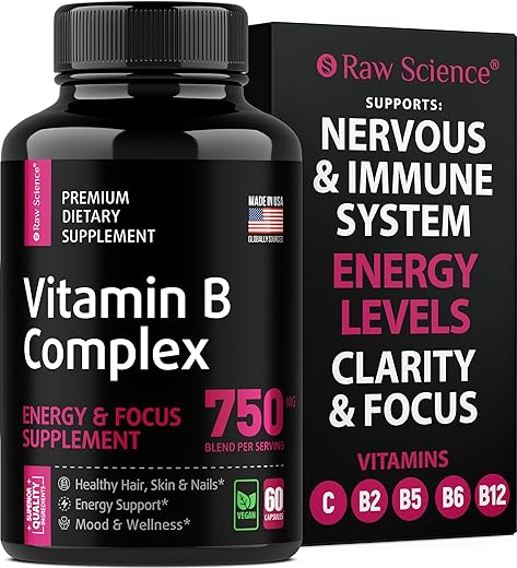 S RAW SCIENCE - Complexo de Vitaminas B em Cápsulas – B1 B2 B3 B5 B6 B7 B9 B12, Biotina, Ácido Fólico, Vitamina C para Energia