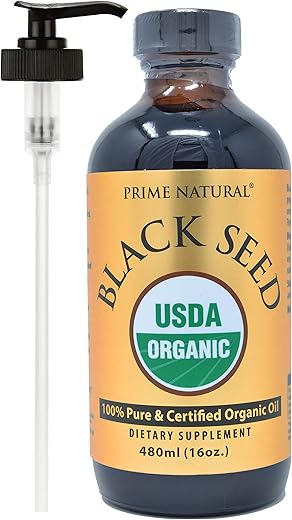 PRIME NATURAL - Óleo de Semente Preta Orgânico 473ml – Extraído a Frio, Não Refinado, Rico em Timoquinona 1.7% – Certificado pelo USDA – Origem Turca – Potente Líquido de Nigella Sativa – Ômega 3 6 9 Vegano, Antioxidante Imunológico