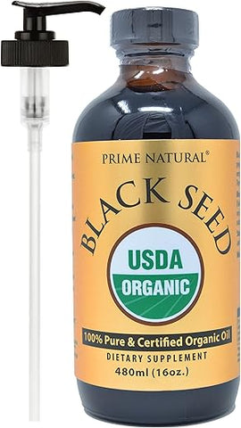PRIME NATURAL - Óleo de Semente Preta Orgânico 473ml – Extraído a Frio, Não Refinado, Rico em Timoquinona 1.7% – Certificado pelo USDA – Origem Turca – Potente Líquido de Nigella Sativa – Ômega 3 6 9 Vegano, Antioxidante Imunológico
