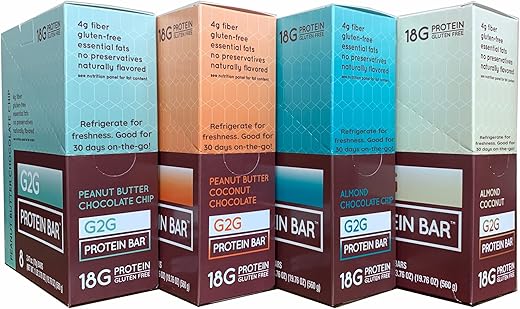 Bar, 4 Pack – Amendoim com Chocolate, Coco com Manteiga de Amendoim, Amêndoa com Coco, Amêndoa com Chocolate, 32 Unidades (4 Pacotes de 8 Unidades) – Barra de Proteína - G2G
