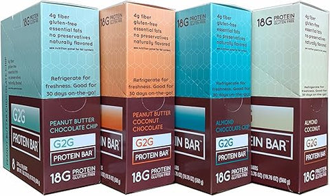 Bar, 4 Pack – Amendoim com Chocolate, Coco com Manteiga de Amendoim, Amêndoa com Coco, Amêndoa com Chocolate, 32 Unidades (4 Pacotes de 8 Unidades) – Barra de Proteína - G2G