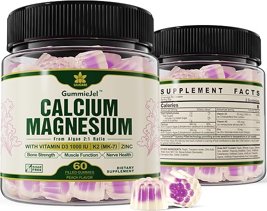 LILICARE - Suplemento de Cálcio à Base de Plantas 600mg com Vitamina D3 K2, Zinco para Fortalecimento Ósseo, Cálcio de Algas Sustentáveis Fonte de Magnésio na Proporção 2:1, Gomas de Cálcio Sem Açúcar 70 Traços