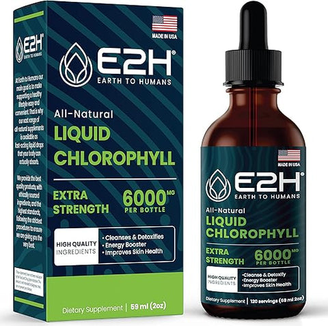 E2H EARTH TO HUMANS - E2H Gotas Líquidas de Clorofila – Energético Natural Saboroso, Suporte ao Sistema Imunológico e Desodorante Interno – Vegano – Sem Glúten – Não-OGM – 60 ml