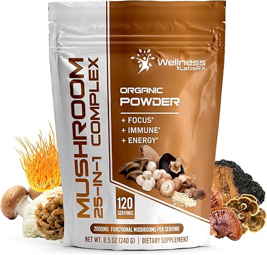 WELLNESS LABSRX - Pó de Cogumelo Orgânico 25 em 1 Lions Mane – 2000mg – Suplemento de Cogumelos Superfood, Chaga, Shiitake, Cordyceps, Reishi – Lion’s Mane