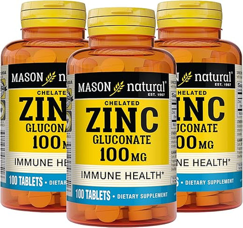 Cápsulas de Zinco 100 mg Avançado para o Sistema Imunológico, Melhora o Suporte Antioxidante, Suplemento Mineral Essencial, 100 Unidades, Pacote com 3 - MASON NATURAL