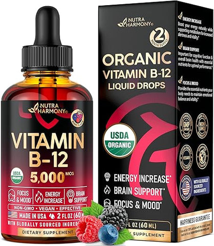 NUTRAHARMONY - Vitamina B12 Sublingual Líquida Vegana – USDA Orgânico 5000 mcg Methylcobalamin – Energia e Foco