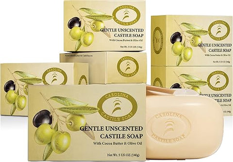 Carolina Castile Soap - Sabonete Vegano de Castela Carolina – 6 Barras de Sabonete Natural para Homens, Mulheres e Crianças – Suave e Hidratante com Manteiga de Cacau Orgânica – 100g cada