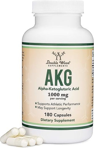 Double Wood Supplements - AKG Supplement 1,000mg por Porção (180 Cápsulas) – Mais Eficaz que AAKG (Estudo Recente para Propriedades de Envelhecimento Saudável) – Sem Glúten