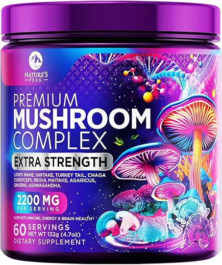 Nature's Peak - Blend em Pó de Suplemento de Cogumelo – Lion’s Mane, Chaga, Complexo Nootrópico 11 em 1 – 100g
