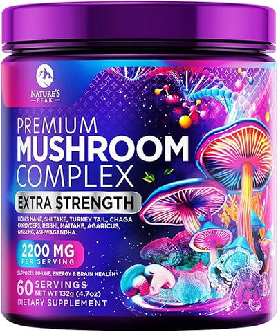 Nature's Peak - Blend em Pó de Suplemento de Cogumelo – Lion’s Mane, Chaga, Complexo Nootrópico 11 em 1 – 100g