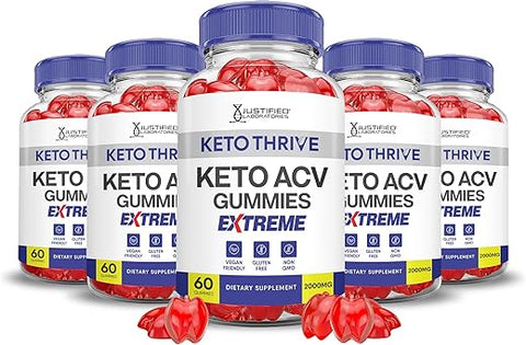 Justified Laboratories - (5 Pacotes) Gomas Keto Thrive Keto ACV Extreme 2000MG – Gomas Keto Thrive Keto de Vinagre de Maçã Formuladas com Suco de Romã e Beterraba em Pó B12 Vegan Non GMO 300 Gomas