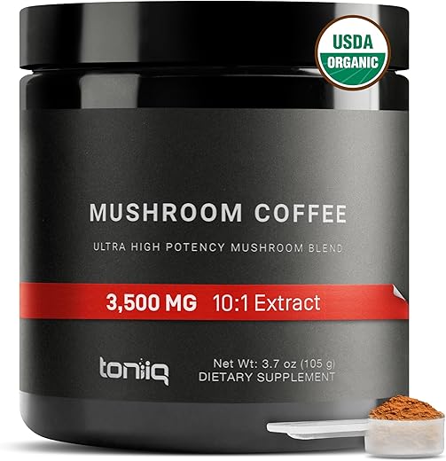 Toniiq - Café Orgânico de Cogumelo Ultra Concentrado 3.500mg 10:1 – Grãos Colombianos 10 Cogumelos com Cabeça de Leão e Cordyceps – Pó de Café de Cogumelo Orgânico