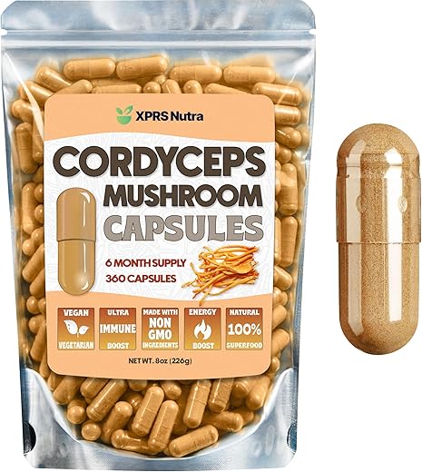 Cápsulas de Pó de Cogumelo Cordyceps – 360 Unidades (Fornecimento de 180 Dias) – Nossas Cápsulas Premium de Cogumelo Cordyceps Contêm Cogumelos Reais (Cordyceps Sinensis) para Apoiar - XPRS Nutra