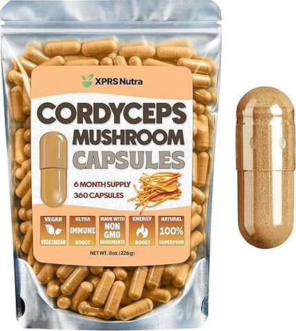 Cápsulas de Pó de Cogumelo Cordyceps – 360 Unidades (Fornecimento de 180 Dias) – Nossas Cápsulas Premium de Cogumelo Cordyceps Contêm Cogumelos Reais (Cordyceps Sinensis) para Apoiar - XPRS Nutra