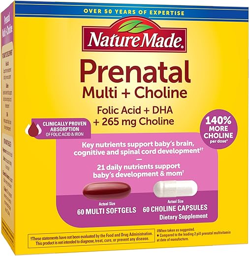 Vitaminas Pré-Natais Softgels Cápsulas de Colina, Ácido Fólico DHA Colina, 60 Vitaminas Pré-Natais para Mulheres, 60 Cápsulas de Suplementos de Colina, Suprimento de 60 Dias - Nature Made