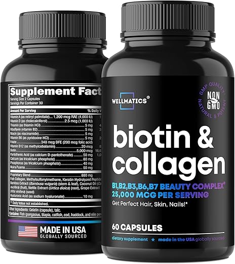 Wellmatics - Biotina e Colágeno – Vitaminas para Crescimento Capilar – Fabricado nos EUA – Vitaminas para Cabelo e Unhas para Mulheres – Vitaminas de Biotina para Cabelo, Pele e Unhas – Complexo de Vitamina B – 60 cápsulas