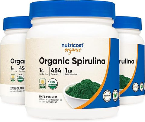 Spirulina Orgânica 1LB (3 Frascos) – 3LBS, 1g Por Porção - Nutricost