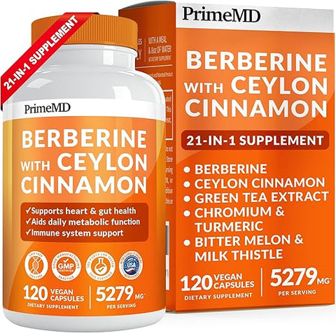 PrimeMD - Berberine 1500 mg com Canela do Ceilão – 21 em 1 com Cromo, Melão Amargo e Extrato de Chá Verde – Gerenciamento de Peso 5X Berberine
