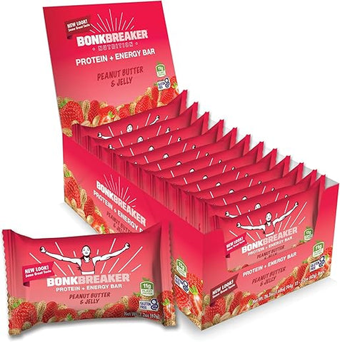 Barra de Proteína à Base de Plantas Bonk Breaker, Sem Glúten, Sem Lactose, 13g de Proteína, Sabor Manteiga de Amendoim e Geleia, Barra de 62g (12 Unidades)