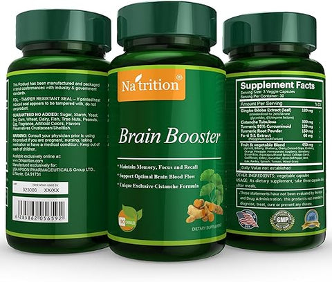 Na'trition - Natrition Brain Booster – Ginkgo Biloba, Cúrcuma, Cistanche Tubulosa, Extrato de Fo-ti – Suporte Antioxidante Natural para Função Cerebral – Clareza, Foco e Melhora da Memória – Marca Natrition