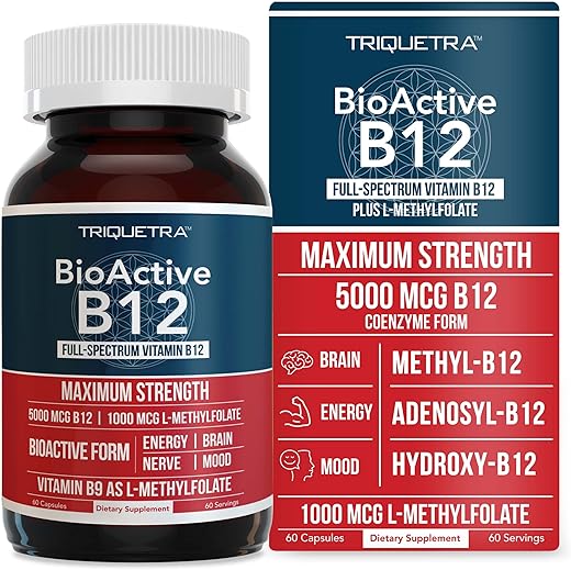 Triquetra Health - BioActive Vitamina B12 – 5000 mcg, Contém 3 Formas Bioativas de B12 Mais Cofator de Metilfolato – Metil B12, Adenosil B12