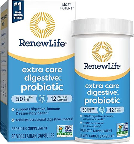 Cápsulas Probióticas Digestivas Extra Care, 50 Bilhões de UFC Garantidos, Apoio Diário à Saúde Imunológica, Digestiva e Respiratória, L. Rhamnosus GG, Sem Laticínios, Sem Soja - Renew Life