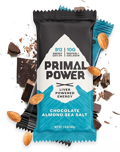 Barras Nutricionais Primal Power Fígado – Energia B12, 10g Proteína, Vitaminas, Minerais, Colágeno, Zero Açúcar Adicionado, Sem Glúten – Pacote com 12