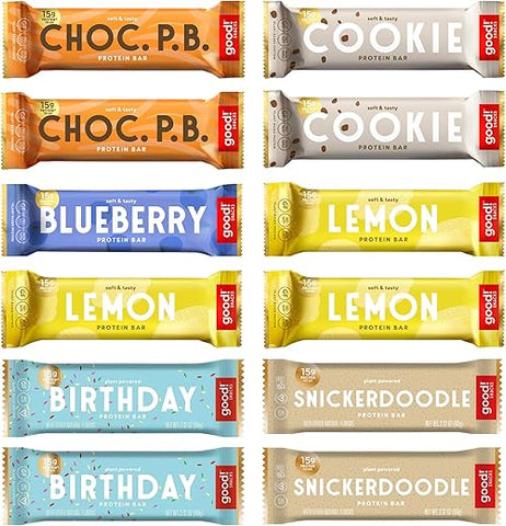 good! - Good! Snacks Vegan Pack com 6 Sabores | Barras de Proteína sem Glúten, à Base de Plantas, Baixo teor de Açúcar, Kosher, Livre de Soja, Não-OGM | 15g de Proteína (12 Barras)