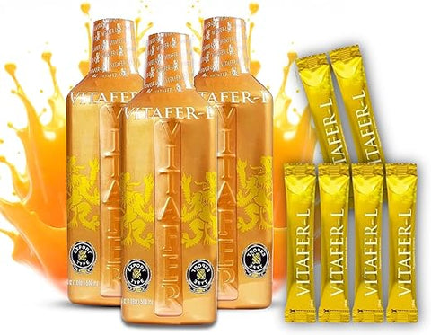 Energético Líquido para Homens e Mulheres contra Fadiga e Cansaço – 3 Frascos (500ml) + 6 Sachês (10ml – 0,33g) - Vitafer-L Gold